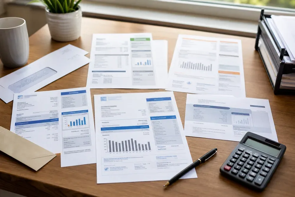 A redacted multi-meter utility statement on a desk