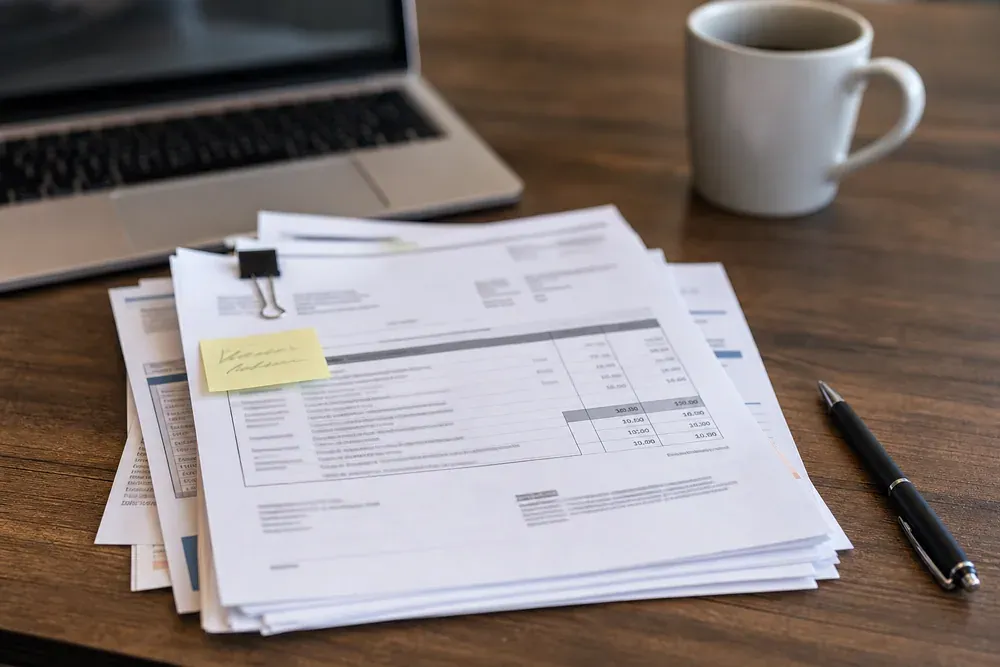A printed stack of vendor invoices