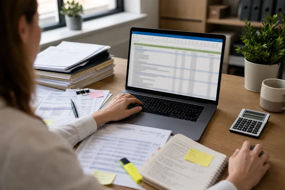 An accounts payable desk with a bill-tracking spreadsheet on screen