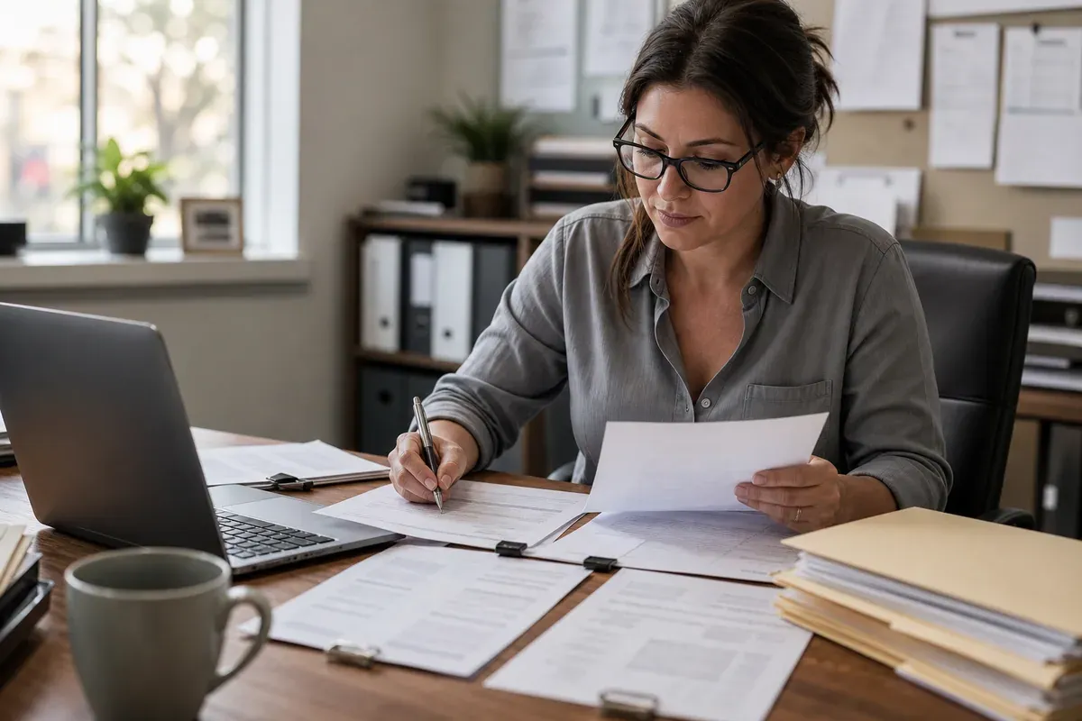 A property manager at their desk working through a stack of printed bills and invoices