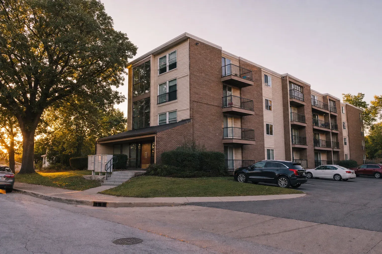 A managed apartment building photographed at golden hour